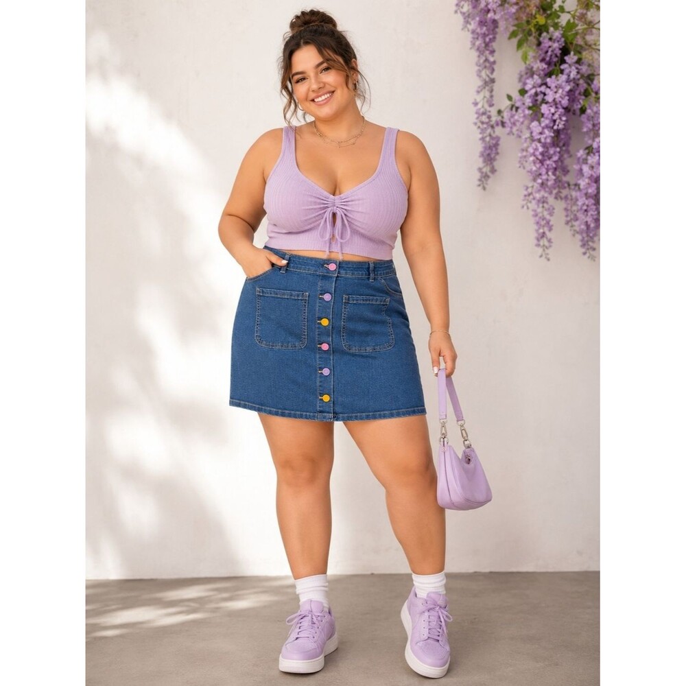 Button-Front Denim Mini Skirt 18P